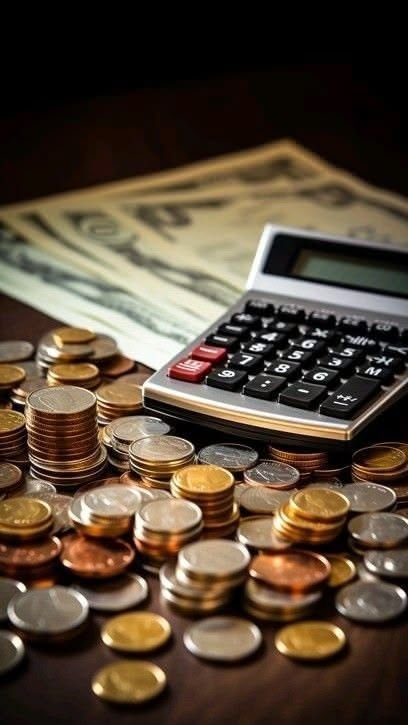 Calculator, cash, and stacked coins on a wooden desk, representing a Shantha Hi Tech accounting firm client