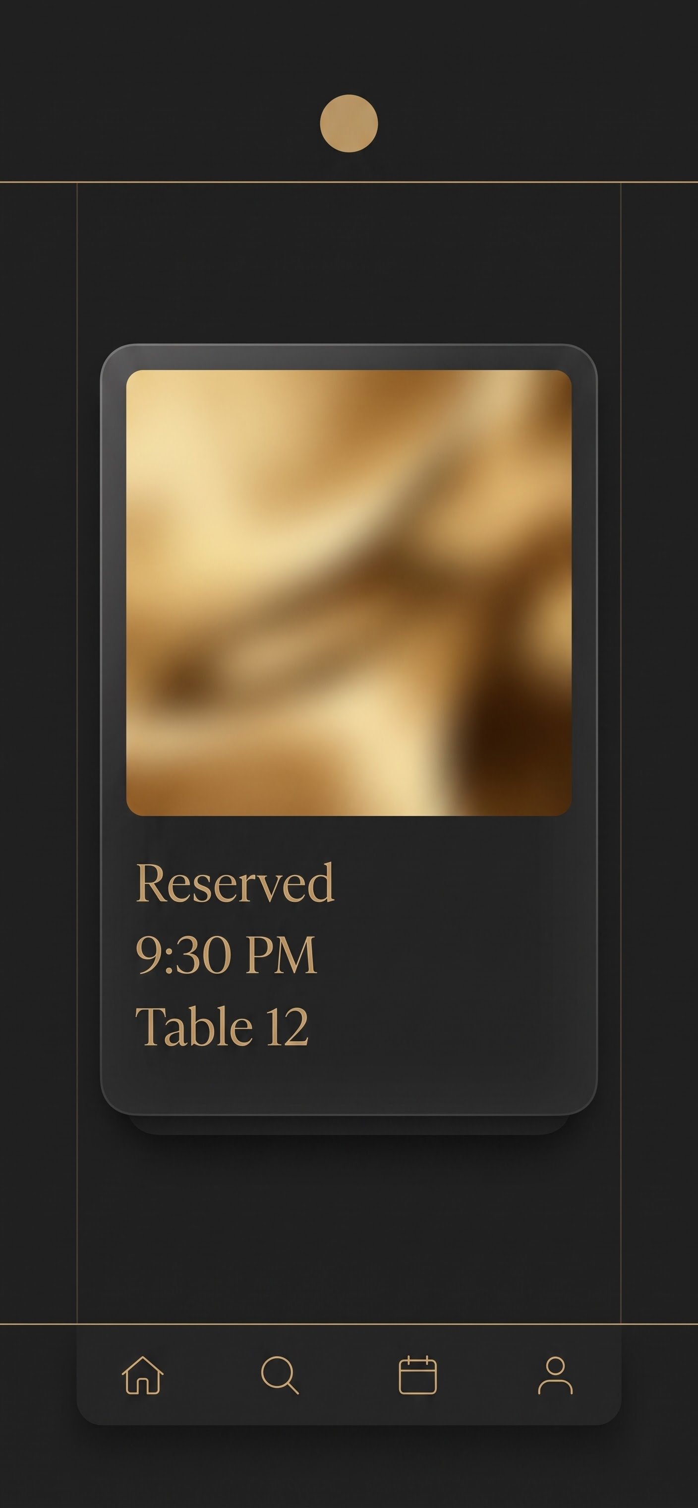 A luxury concierge app screen showing a reservation card with Reserved, 9:30 PM and Table 12, dark charcoal and brass-gold palette