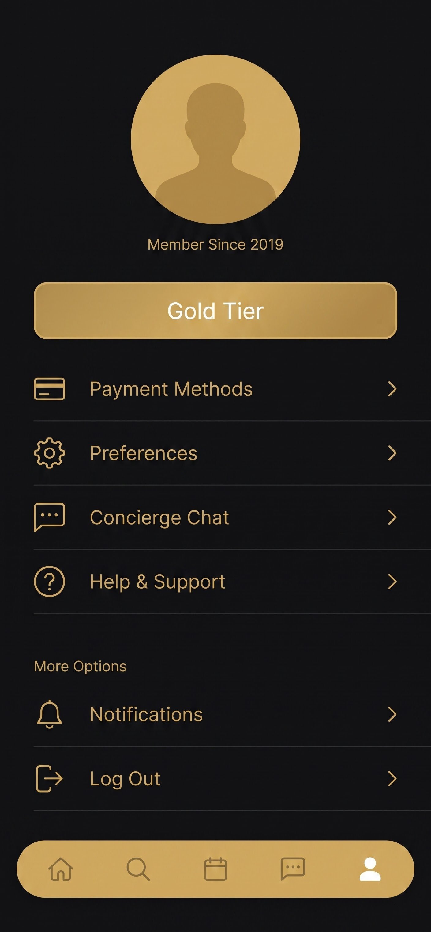 A luxury concierge app profile screen showing a membership tier card and account settings list, dark charcoal and brass-gold palette