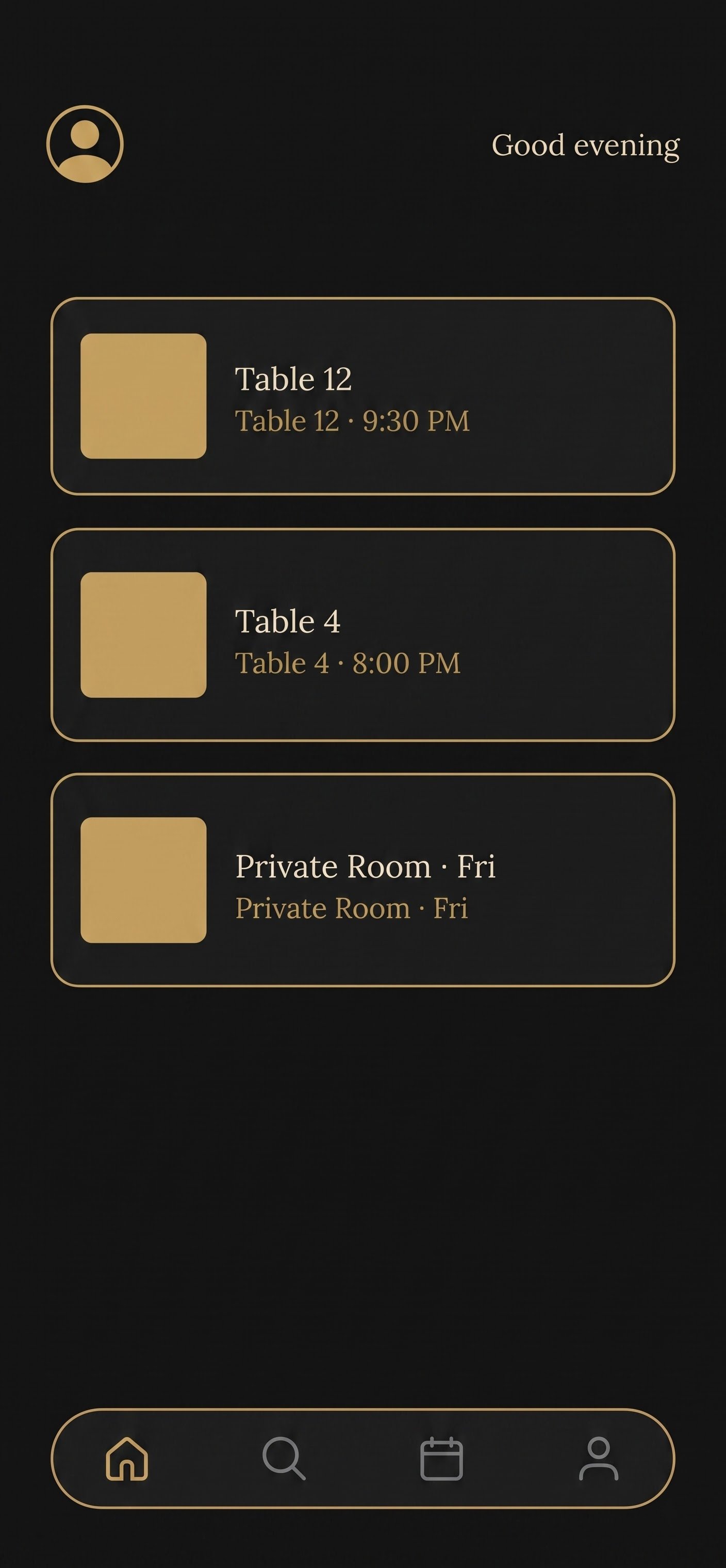 A luxury concierge app home screen showing a list of reservation cards, dark charcoal and brass-gold palette