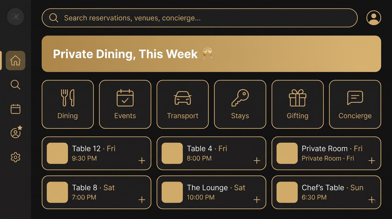 A luxury concierge app tablet dashboard with a search bar, a Private Dining promo banner, a category row and a reservation card grid, dark charcoal and brass-gold palette