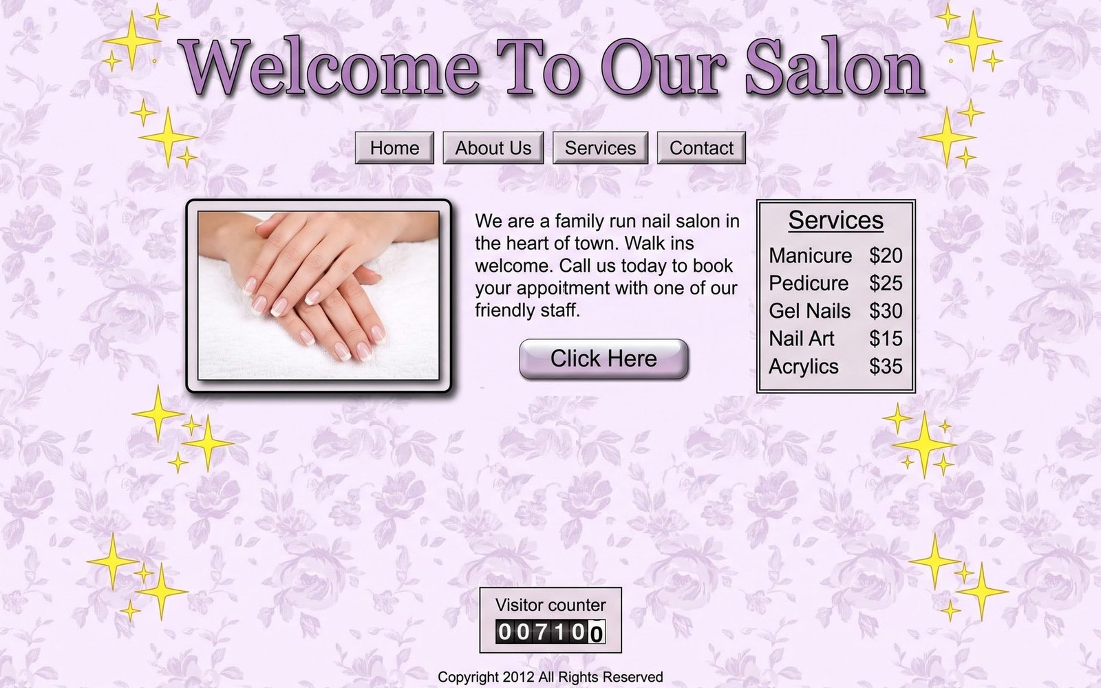 A dated salon website with a cluttered lilac floral layout and a small flat-lit photo of manicured hands