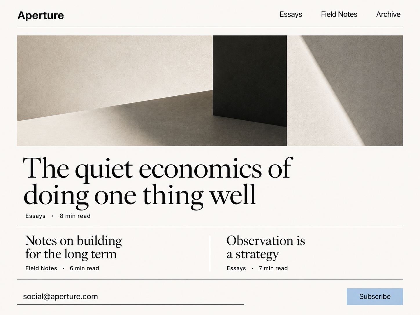 Editorial blog homepage showing a featured essay, two further articles and a subscribe field