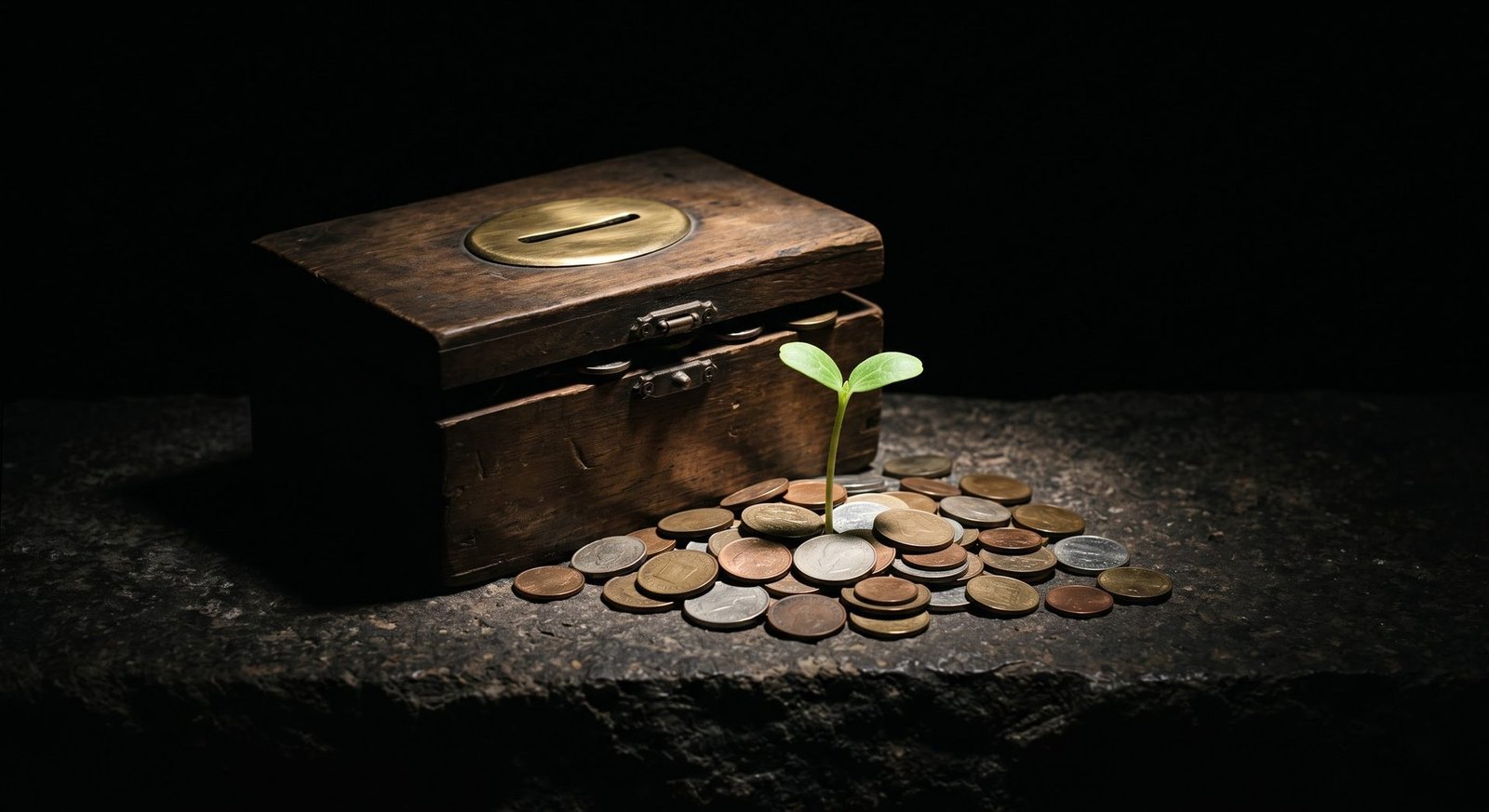 A weathered wooden collection box with a single green seedling growing from a pile of spilled coins, lit by one shaft of light against total darkness