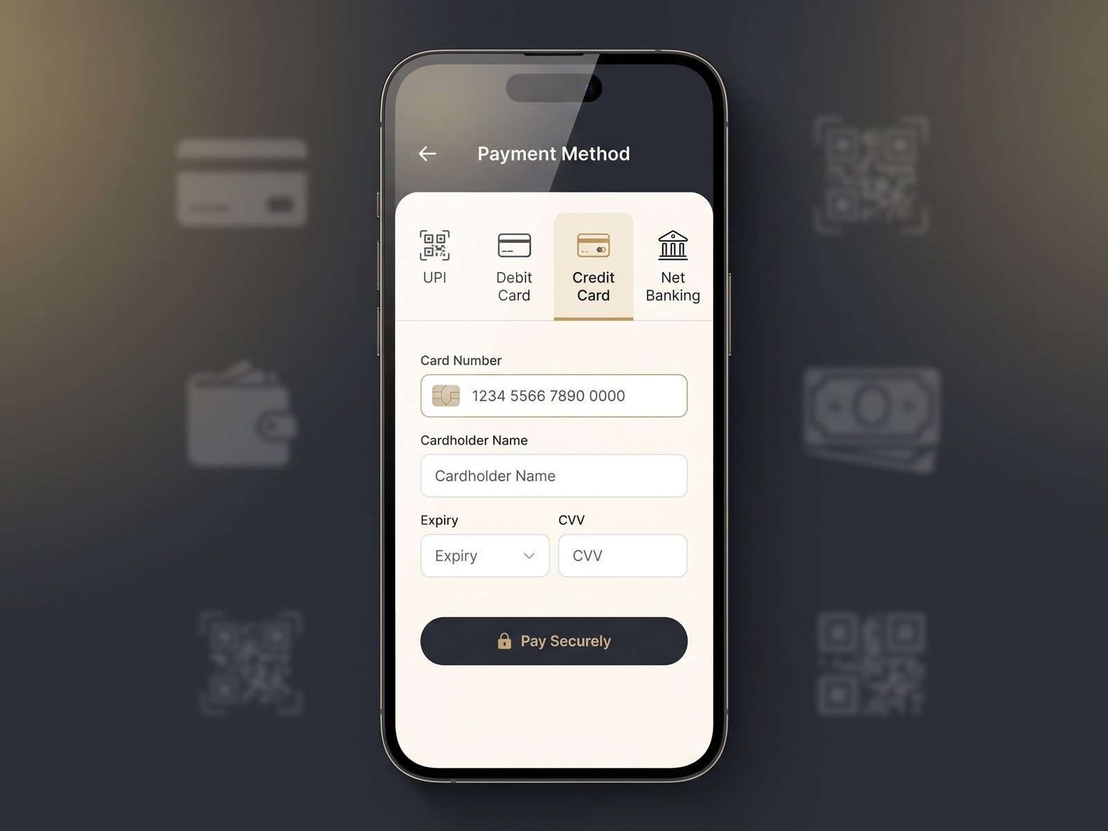 Premium mobile checkout screen showing UPI, debit card, credit card and net banking payment tabs with a credit card form and a Pay Securely button