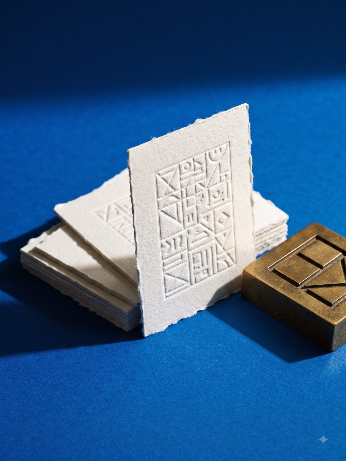 A blind-embossed geometric monogram on a stack of deckle-edged cotton-rag cards, with a brass stamp, on a cobalt-blue ground