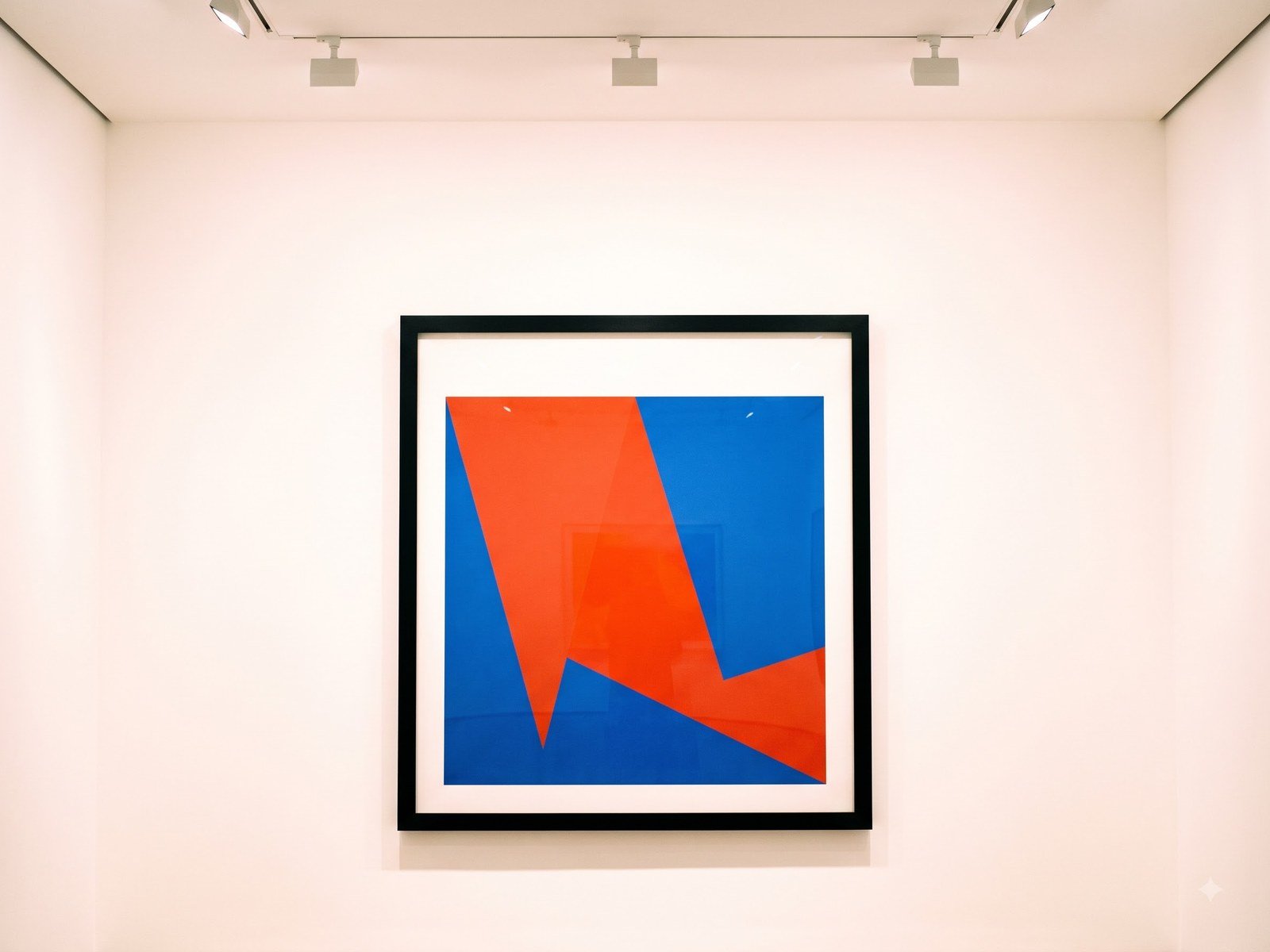 A framed abstract print in vermilion and cobalt planes on a brightly lit white gallery wall