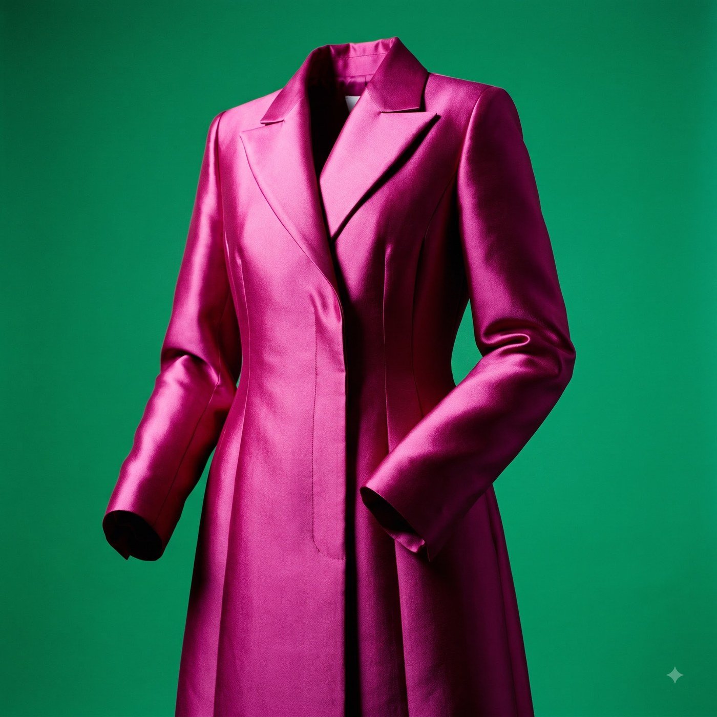 A structured magenta silk-satin coat on an invisible form against an emerald green ground