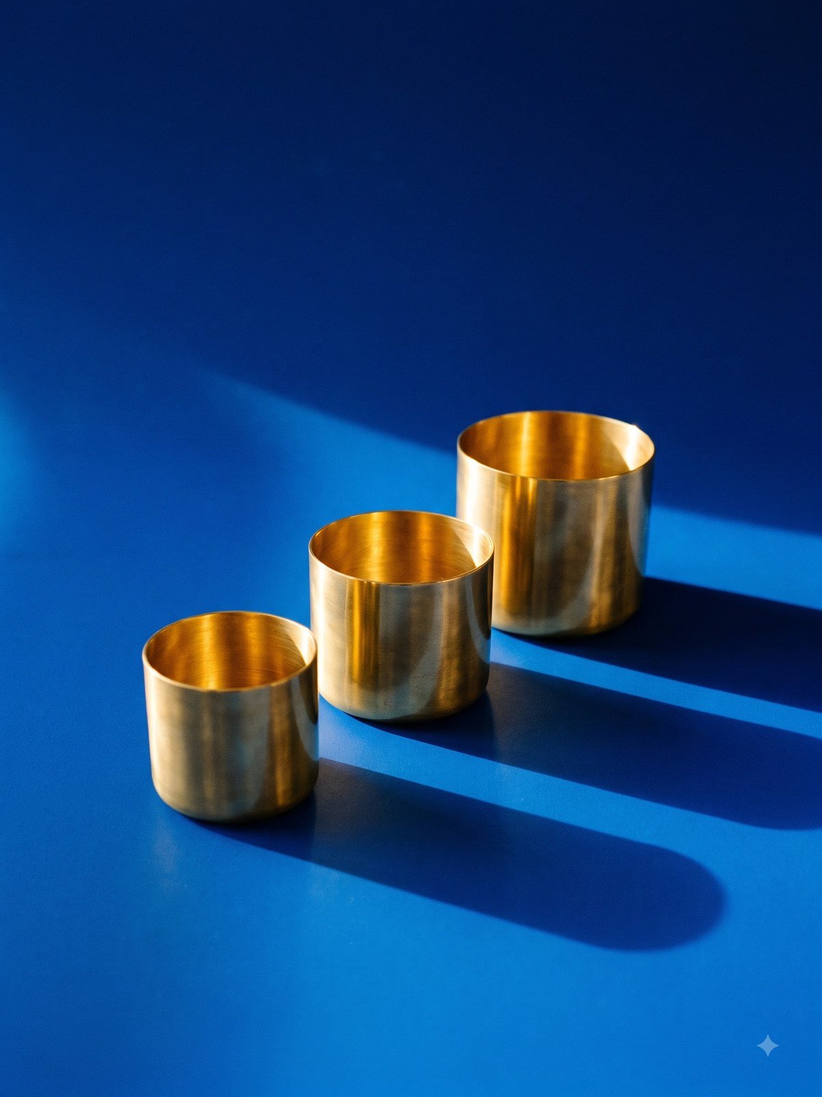 Three polished brass vessels of graduated height casting long shadows across an ultramarine ground