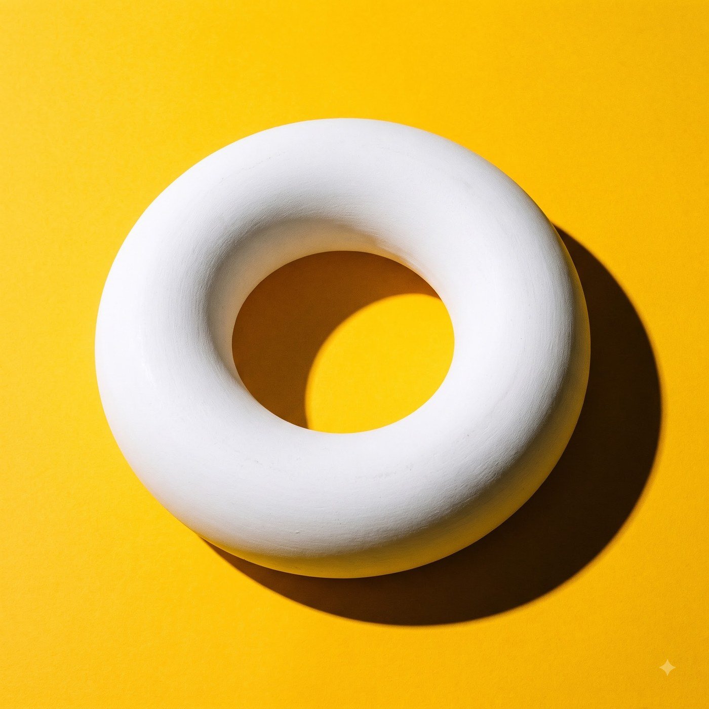 A smooth white plaster torus on a saffron-yellow ground, casting a hard shadow