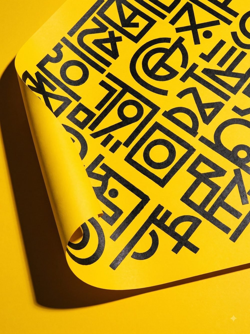 A curling sheet of chrome-yellow paper printed with dense black abstract geometric glyphs