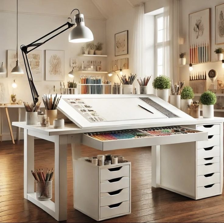 Bright drafting table with a lamp, sketches and art supplies, representing a Shantha Hi Tech design studio client