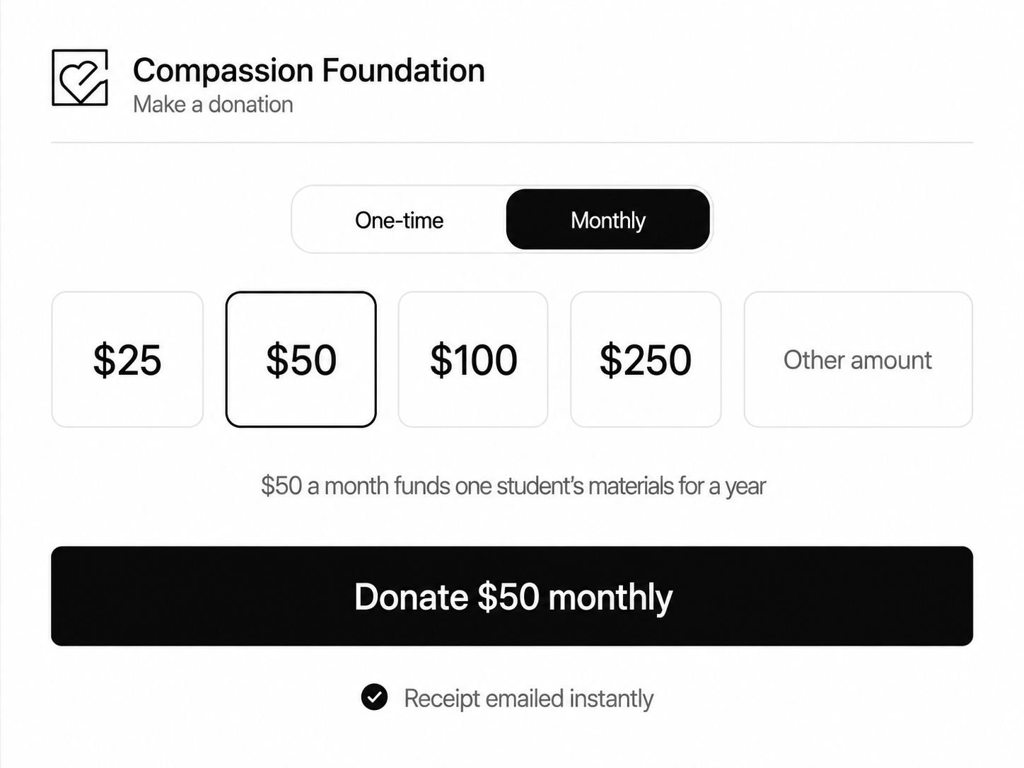 Donation page showing a monthly giving toggle, preset amounts and a donate button