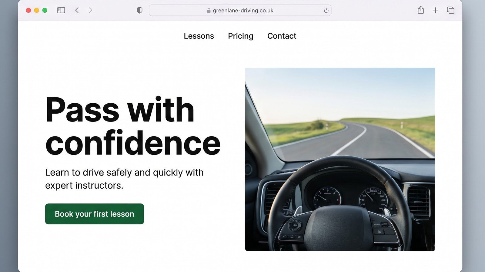 Browser window mockup of a driving school website, clean white and deep-green palette, headline reading Pass with confidence