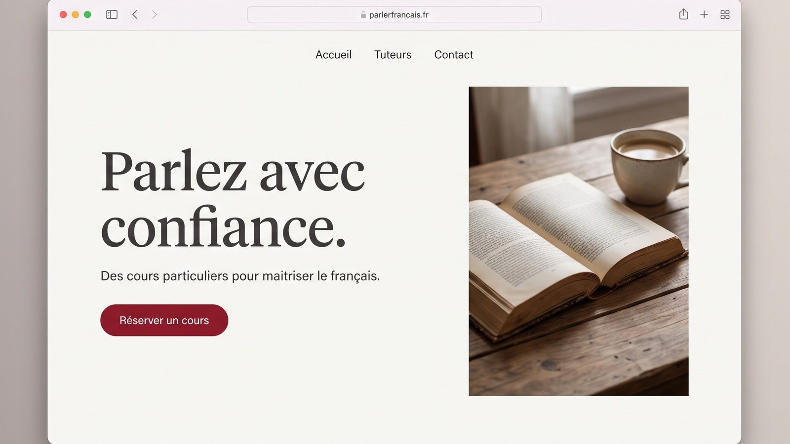 Browser window mockup of a private French tutoring website, warm neutral palette, headline reading Parlez avec confiance