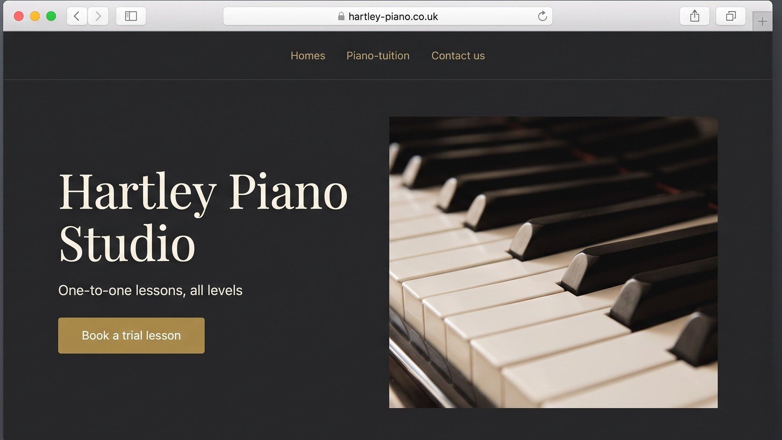 Browser window mockup of a private piano tuition website, charcoal and brass-gold palette, headline reading Hartley Piano Studio