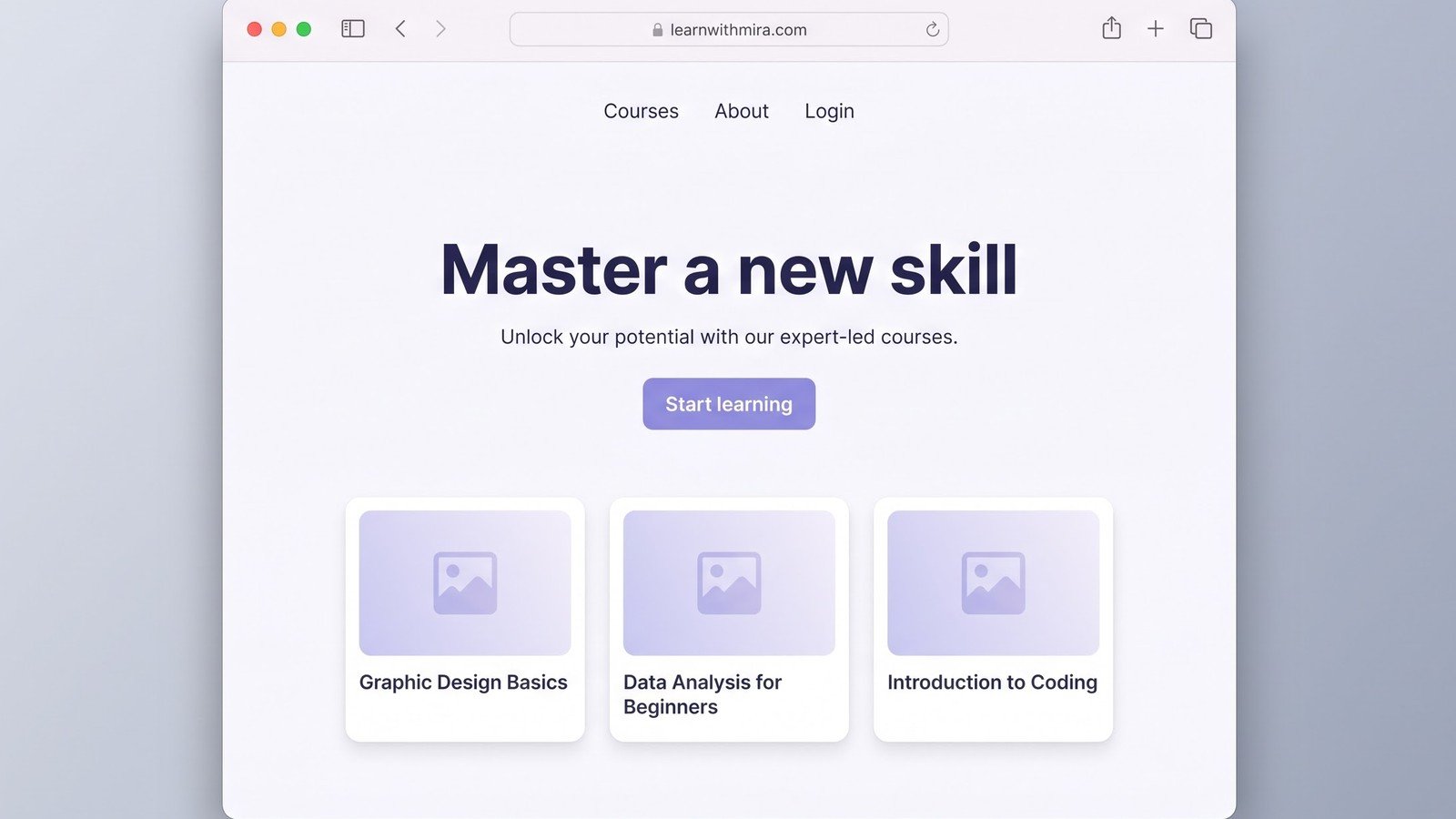Browser window mockup of an online course platform, indigo and white palette, headline reading Master a new skill