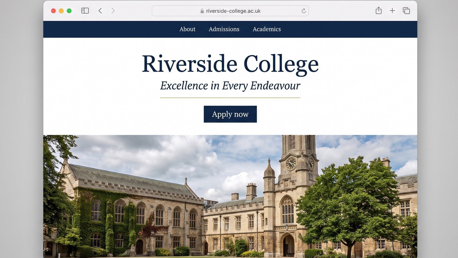 Browser window mockup of an independent school website, navy and stone palette, headline reading Riverside College