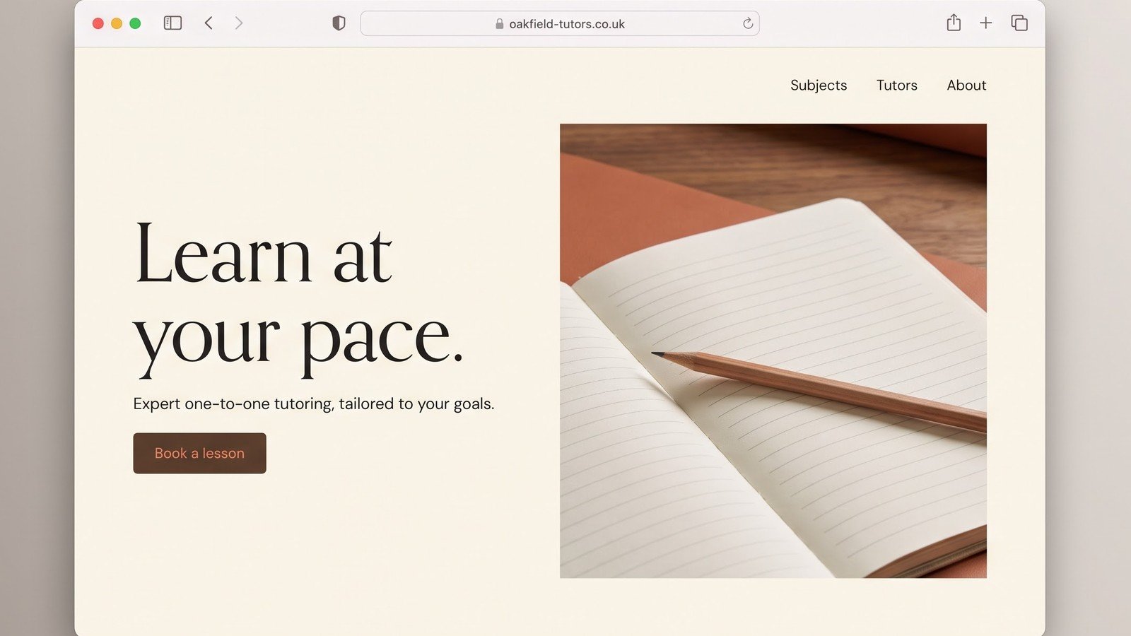Browser window mockup of a one-to-one tutoring website, cream and walnut palette, headline reading Learn at your pace