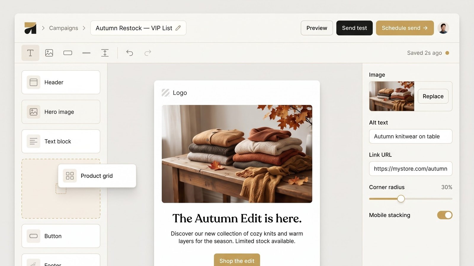 Email campaign builder showing the Autumn Restock VIP List campaign, a drag-and-drop email canvas with a hero photo of folded autumn knitwear, and a properties panel for the selected image
