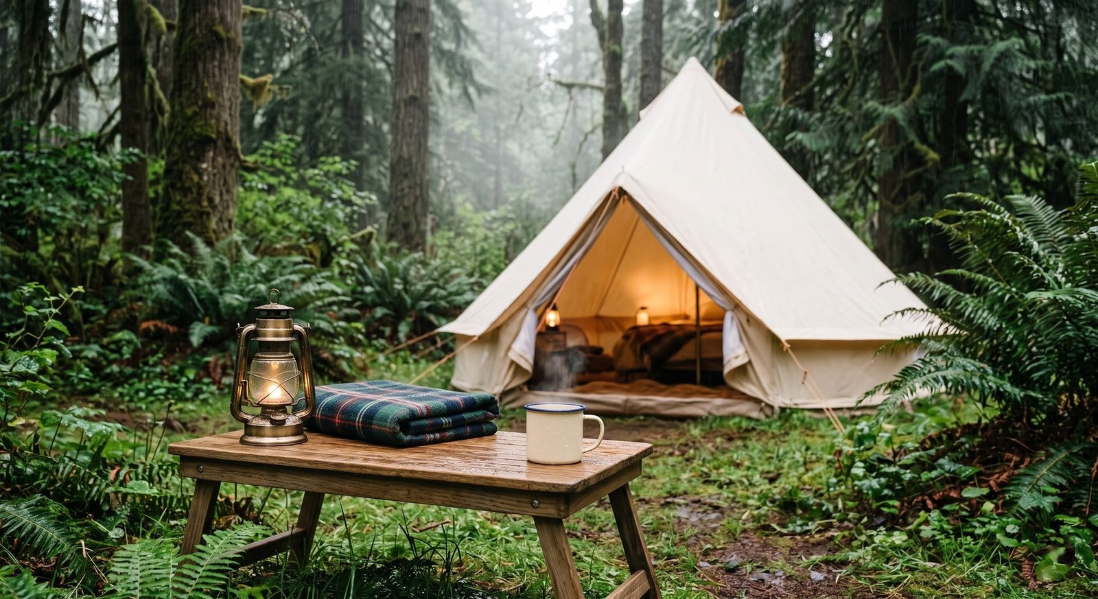 A lantern-lit glamping tent in a lush green forest during a gentle drizzle, with a lantern, tartan blanket and enamel mug on a wooden table