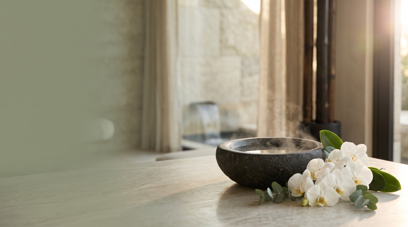 A dark stone bowl with rising steam beside white orchids and eucalyptus on a marble surface, soft golden light through sheer curtains