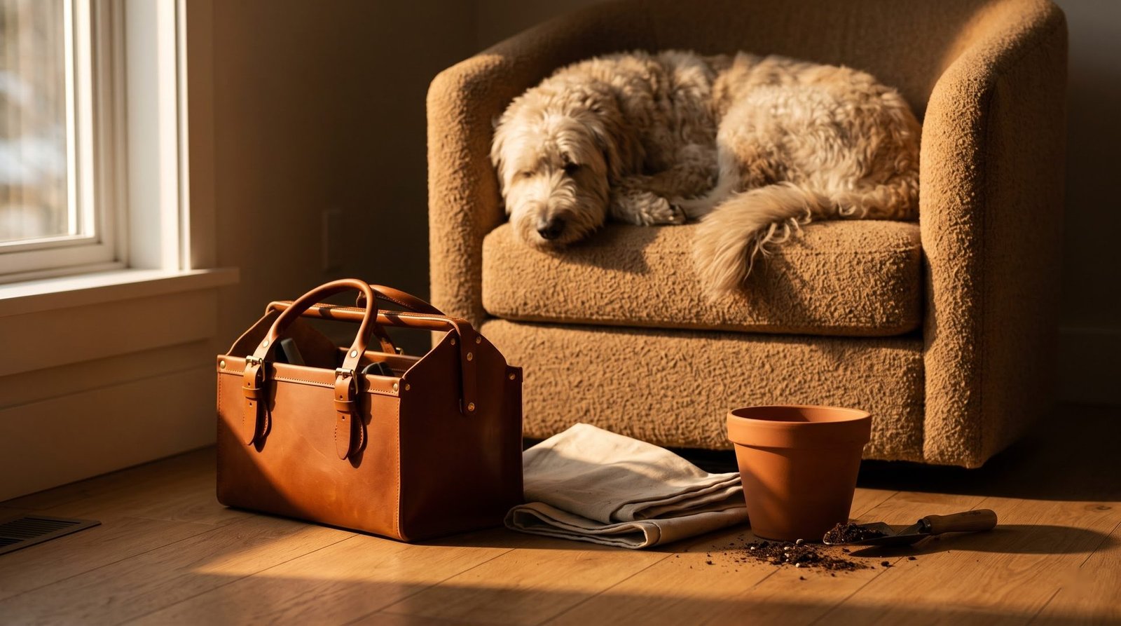 A dog asleep on a bouclé armchair beside a leather tool tote and a terracotta plant pot, warm afternoon light