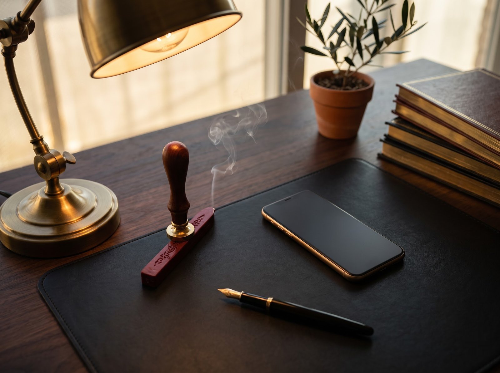A wax seal stamp with a curl of rising smoke beside a smartphone on a dark leather desk mat, warm brass desk lamp light, an olive plant and stacked ledgers in the background
