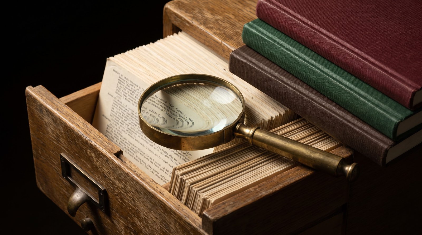 A brass magnifying glass focused on a dense index card in an open library card catalogue drawer, beside a stack of plain bound journal volumes