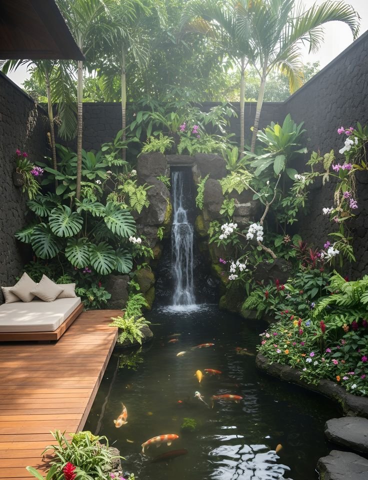Walled tropical garden with a stone waterfall feeding a koi pond, built by a Shantha Hi Tech landscaping client
