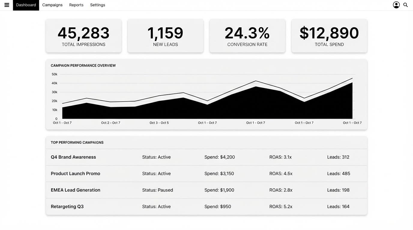 Campaign dashboard — impressions, leads, conversion rate and spend over a performance chart