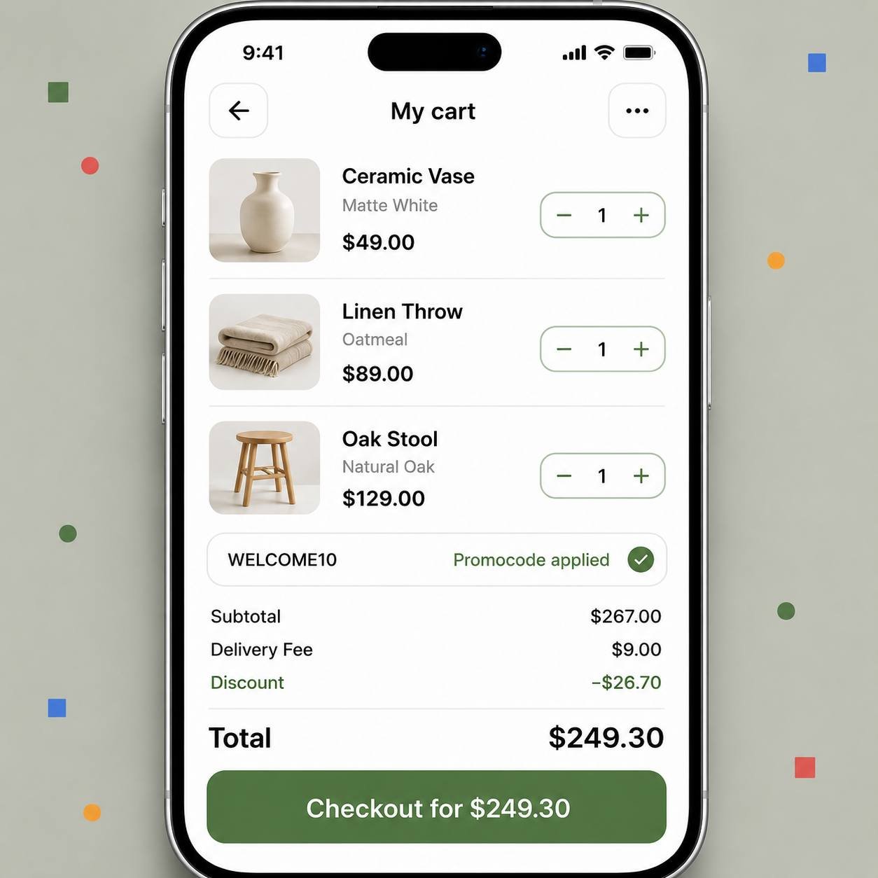 Mobile checkout screen showing a cart summary, applied promo code and total