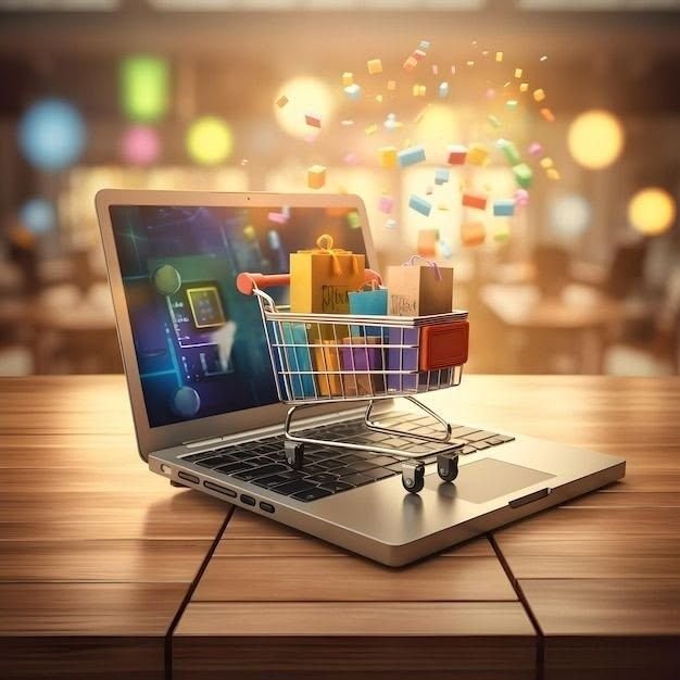 Laptop displaying an online store, with a shopping cart full of purchases