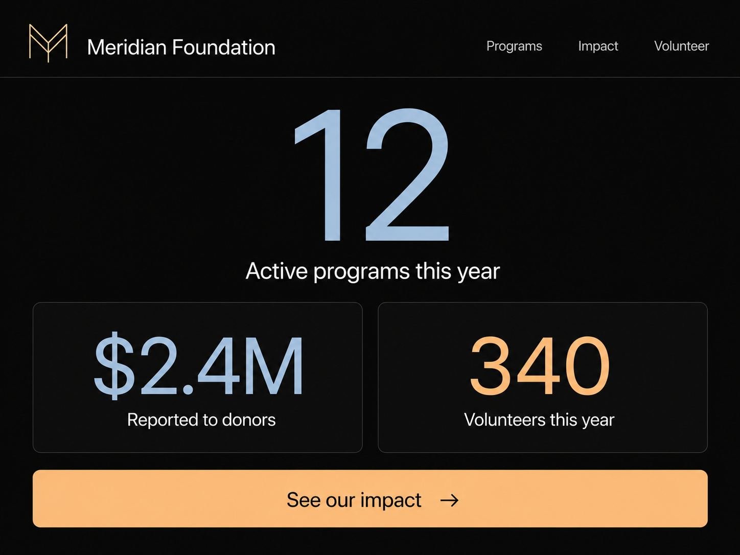 Foundation homepage showing active programmes, funds reported and volunteer count