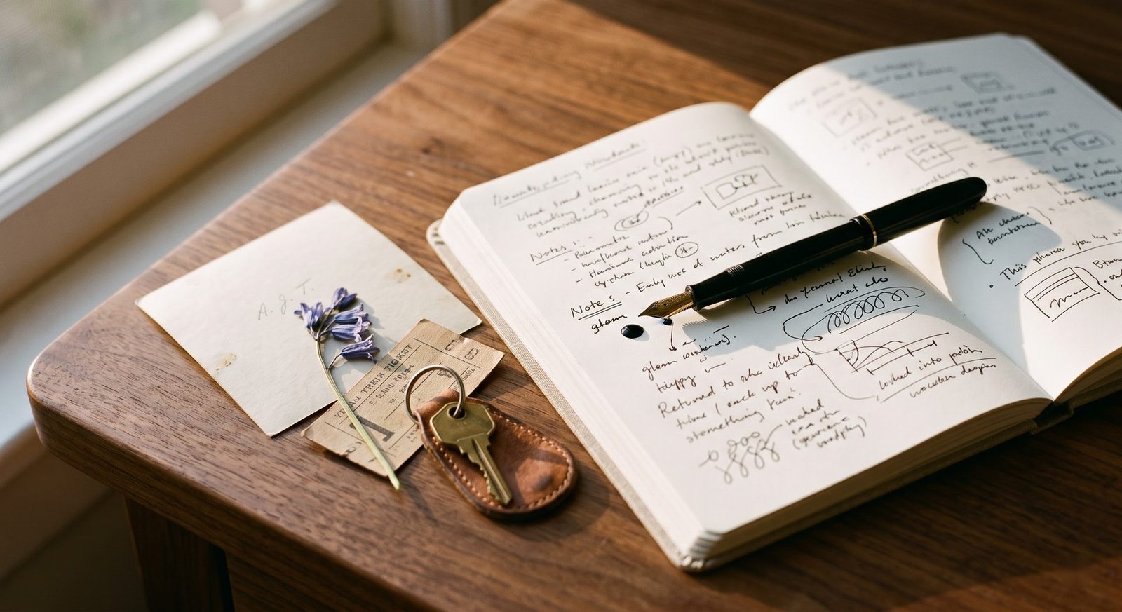 A handwritten notebook with a fountain pen, a pressed flower, a ticket stub and a leather-fobbed key on a warm wooden desk