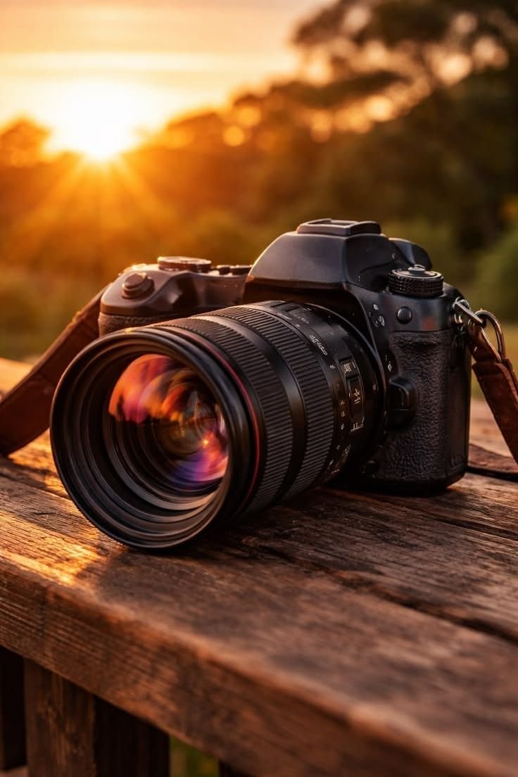 DSLR camera with a telephoto lens resting on a wooden table at sunset, representing a Shantha Hi Tech photography studio client