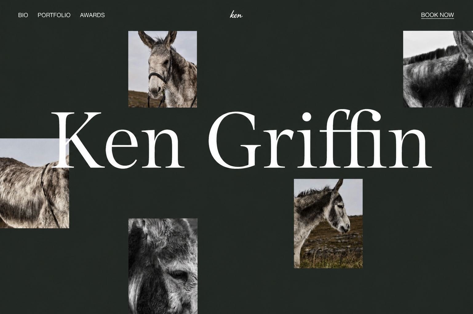 Photographer's portfolio homepage with a scattered image grid and large display name