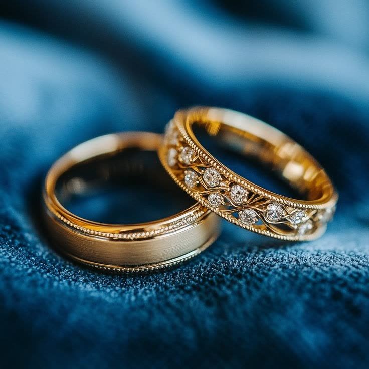 Pair of gold wedding bands, one diamond-set, resting on blue velvet