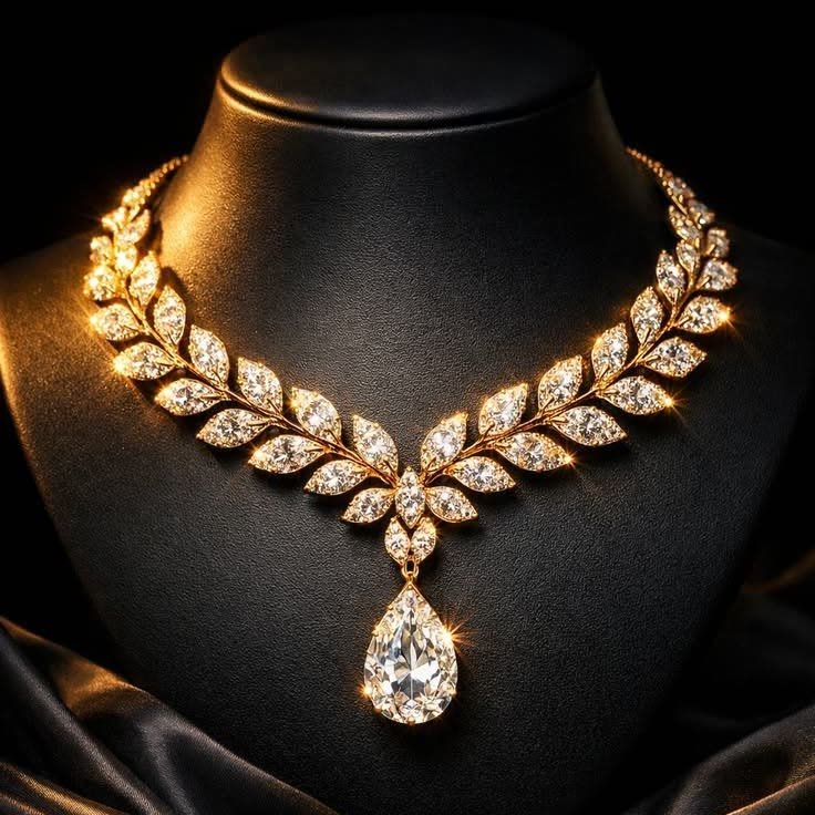 Gold leaf-pattern diamond necklace with a pear-cut drop, displayed on a black bust