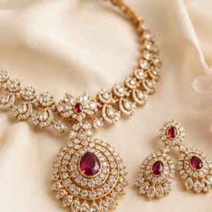 Gold and ruby necklace with matching drop earrings on cream silk