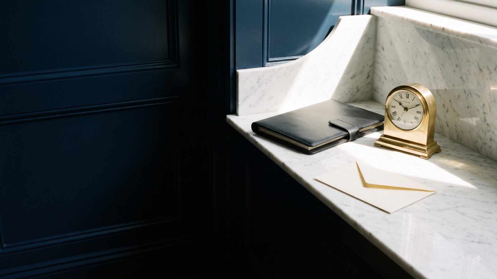 A leather portfolio, brass carriage clock and cream envelope on a marble windowsill against deep navy panelling