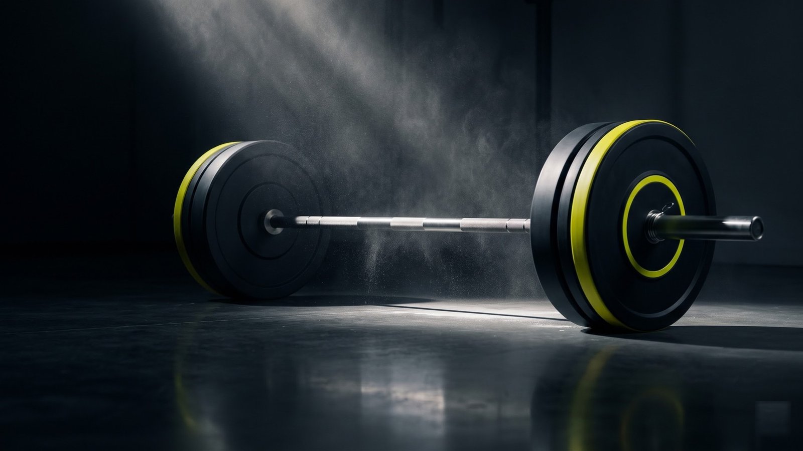 A brand-new loaded barbell with volt-lime accented plates on dark concrete, chalk dust suspended in a shaft of light