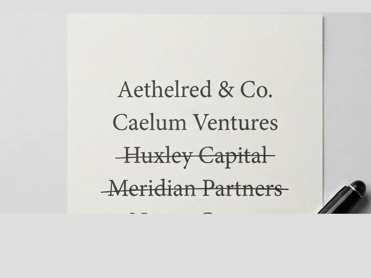 A shortlist of business names on paper, two struck through, with a fountain pen resting on the page