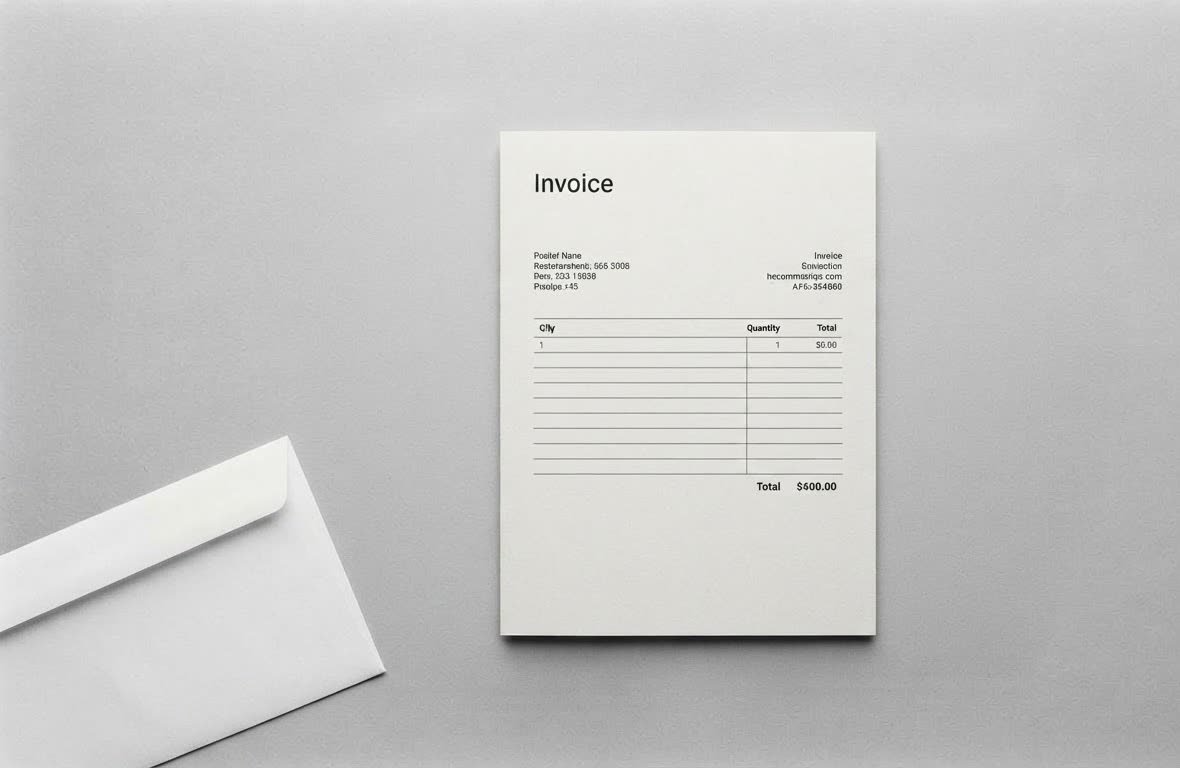 A printed invoice with a total figure, resting beside a plain envelope on a grey surface