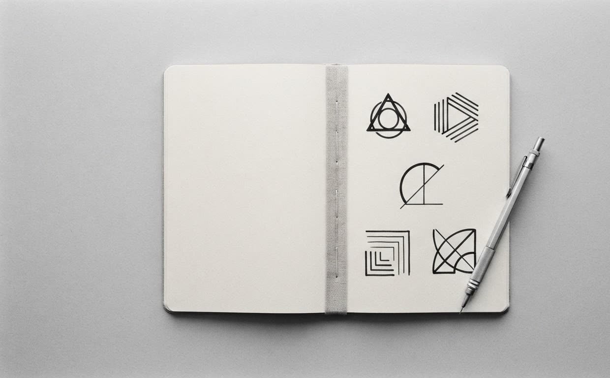 Sketchbook page of hand-drawn logo marks with a mechanical pencil
