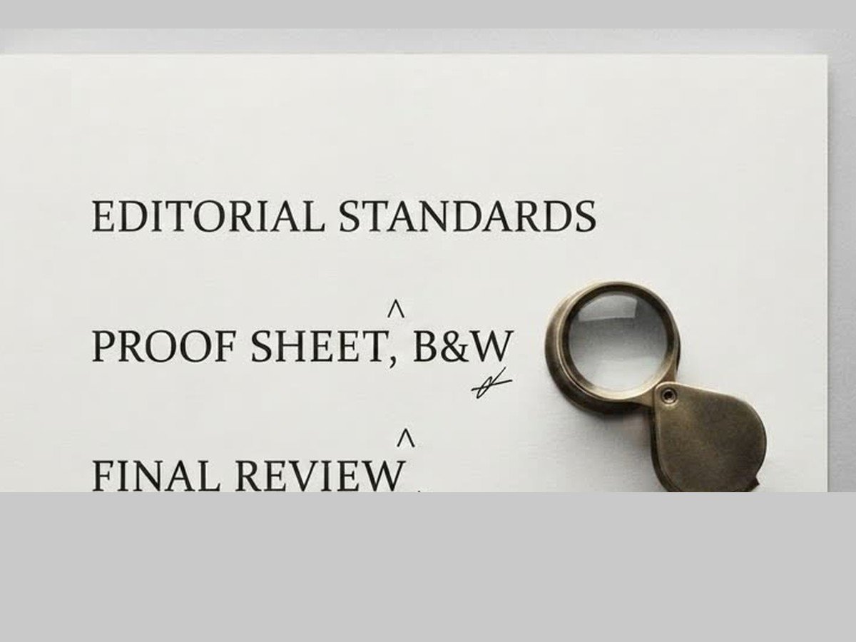 A proof sheet marked up with handwritten edits beside a magnifying loupe