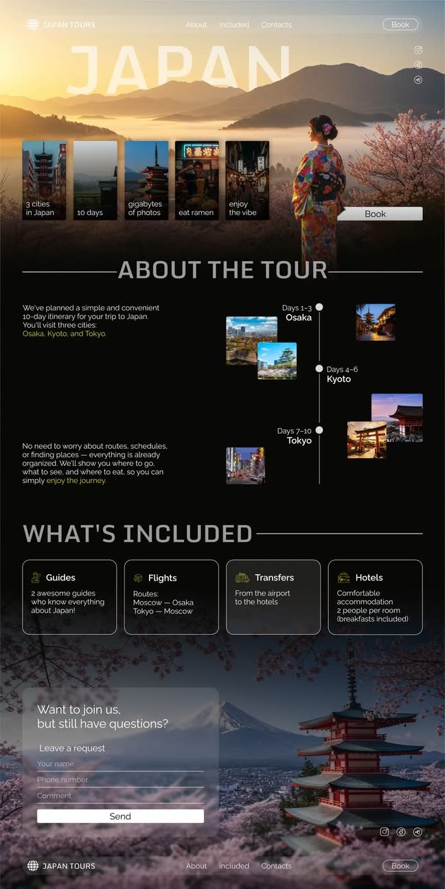 Atelier template — a Japan tour landing page with a full-bleed hero, itinerary timeline and enquiry form