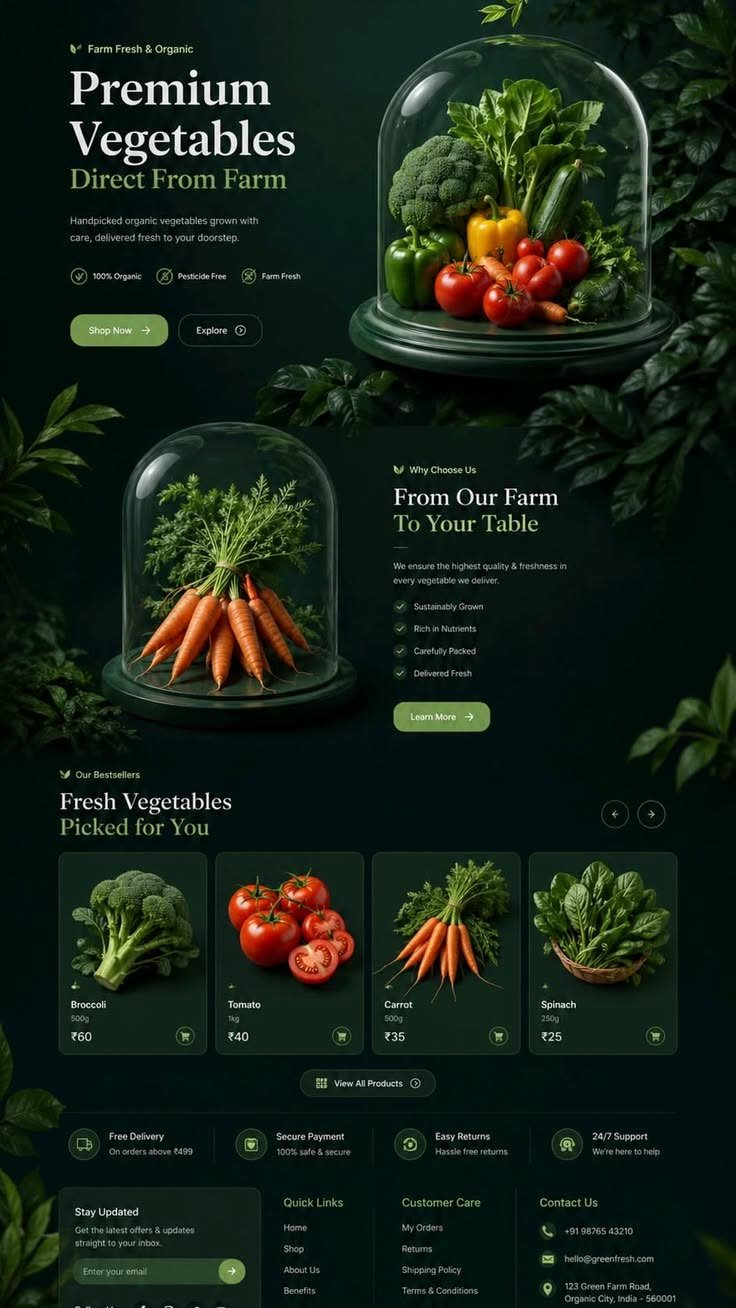 Meridian template — an organic produce store with a dark hero, benefits split and product grid