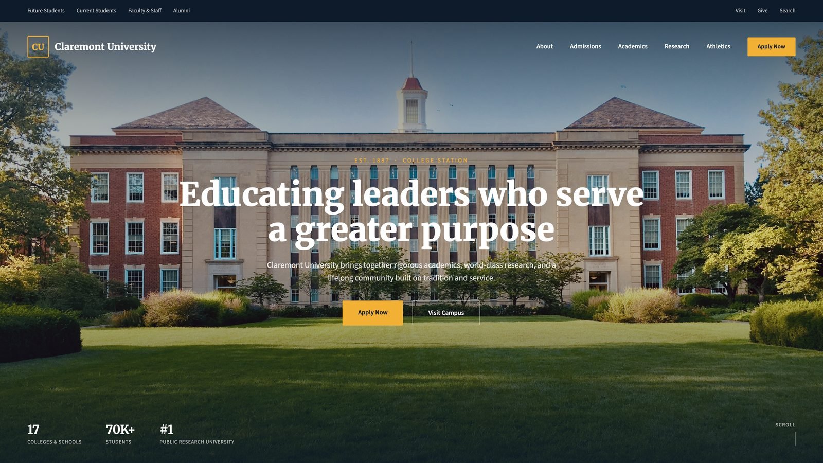 Website design for a university, shown on desktop