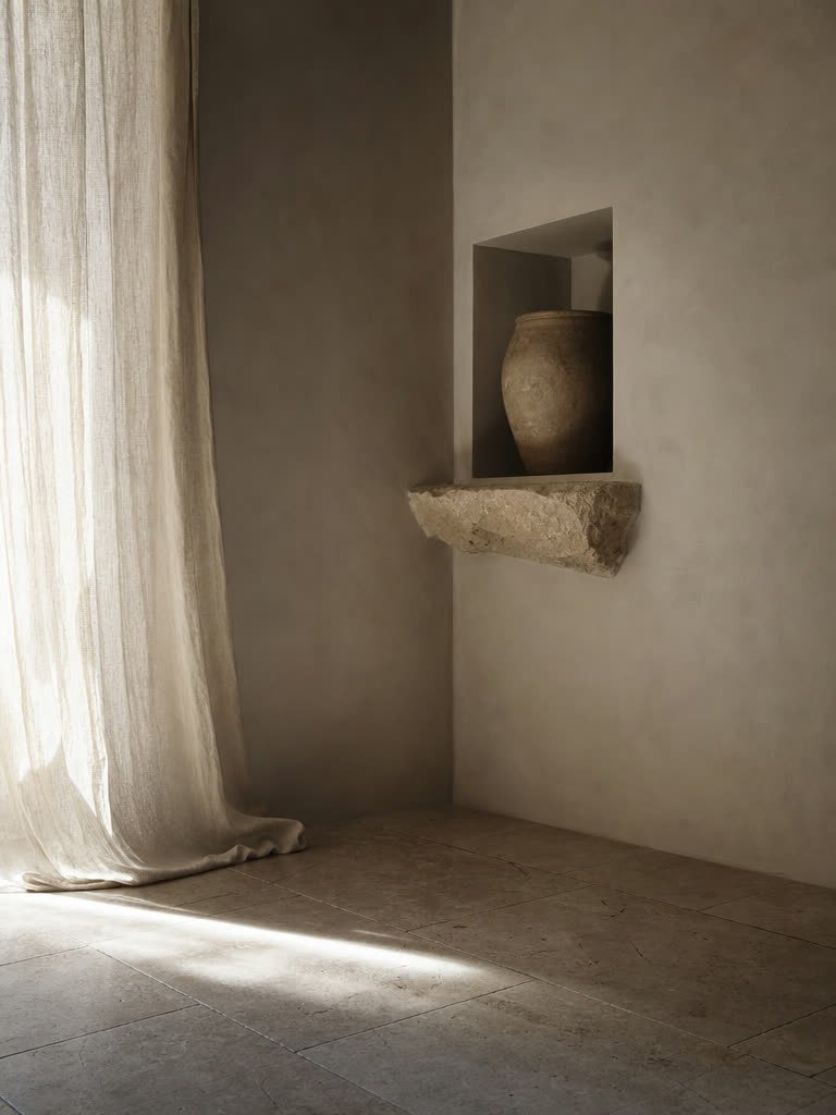A plaster-walled corner with a linen curtain and a stone niche holding an aged vessel